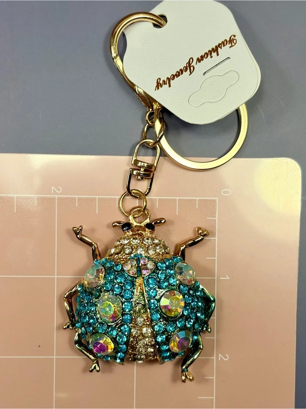 Sparkling Ladybug Keychain - Gold with Blue Aurora Rhinestones